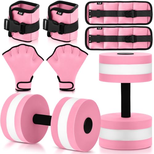 Hollowfly 6 Pcs Water Aerobics Equipment Set Full Body Pool Exercise Kit, 2 Aqua Dumbbells, 2 Adjustable Ankle/Wrist Weights, 2 Webbed Swim Gloves, Low Impact Aquatic Workout Gear - color: Pink, size: 1lb