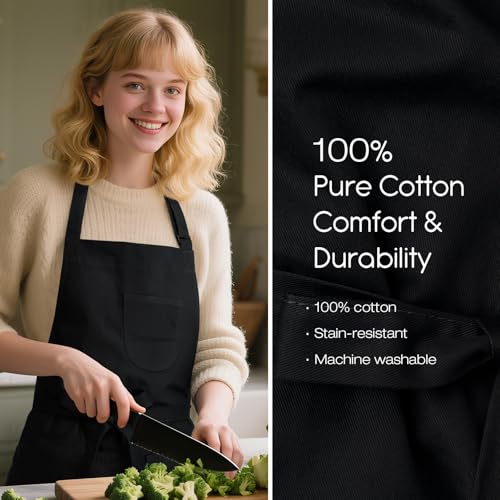 Unisex Apron with Pockets for Cooking, Salon & Art - 100% Cotton Adult Kitchen, Chef, Stylist Apron (Black) - color: Black