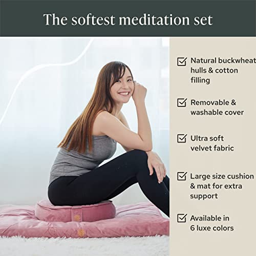 Mindful Modern Meditation Cushion and Zabuton Mat Bundle - Premium Luxury Velvet Zafu Floor Pillow and Rectangular Mat - Blush Pink Color