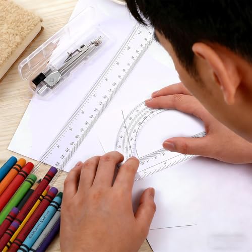 3 Packs Plastic 12 Inch Ruler,6 Inch Clear Protractor and Compasses Set Student Geometry Math Set for Classroom Set Angle Detector School Supplies Classroom Ruler Home Office Drawings