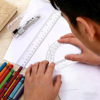 3 Packs Plastic 12 Inch Ruler,6 Inch Clear Protractor and Compasses Set Student Geometry Math Set for Classroom Set Angle Detector School Supplies Classroom Ruler Home Office Drawings