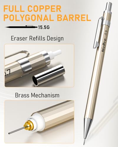 Nicpro 6PCS Metal Mechanical Pencil Set, Full Copper Drafting Pencil 0.3, 0.5, 0.7, 0.9 mm & 2PCS 2mm Graphite Lead Holder(4B 2B HB 2H) For Art Sketching Drawing With Lead Refills Eraser Case - color: Gold