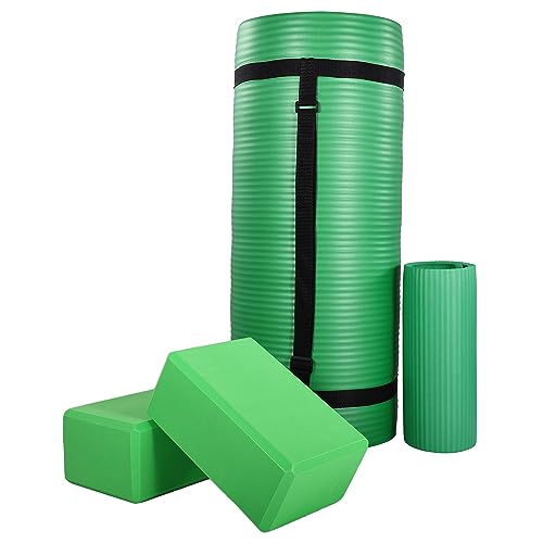 BalanceFrom 71x24 Inches Yoga Mat with Knee Pad and Optional Blocks – Extra 1-Inch Thick Non-Slip Foam with Anti-Tear Surface and Carrying Strap for Home, Studio, or Gym Workouts - color: Green, style: Mat & Knee Pad & Yoga Blocks