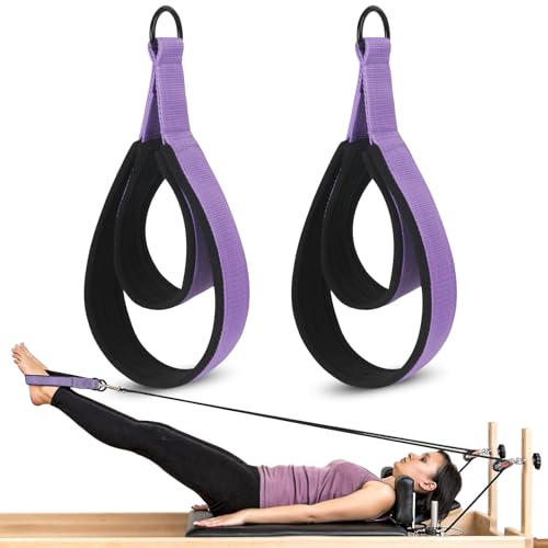 2PCS Pilates Double Loop Straps for Reformer Feet | Comfortable Enhanced Thickness, Fitness Pilates Double Loop D-Ring Exercise Straps for Home Gym Workout - color: Purple