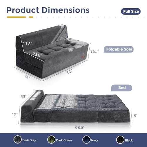 MAXYOYO Folding Sofa Bed, 8-Inch Fold-Out Chair Bed, Single | 2-in-1 Convertible Floor Sofa Couch, High-Density Foam Tufted Lounge Couch for Living Room Bedroom Dorm, Dark Grey - color: Dark Grey, size: Loveseat