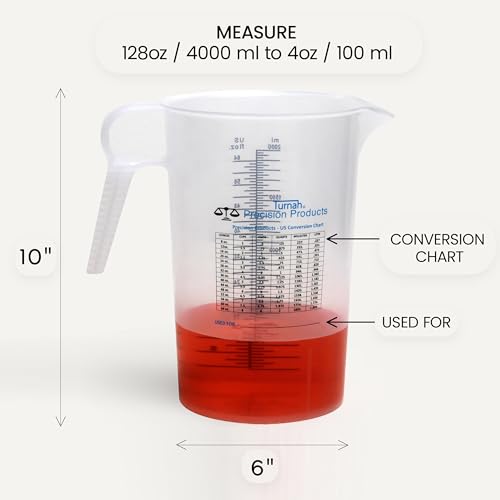 Half Gallon 64oz (2 quart) Measure Pitcher- Conversion Chart-Strong Food Grade - Resistant to Chemicals- Great for Lawn, Pool & Spa, Ag, Home Hobbies, Lye, Cooking, Shop Motor Oil Fluids Made In USA - size: 64 oz