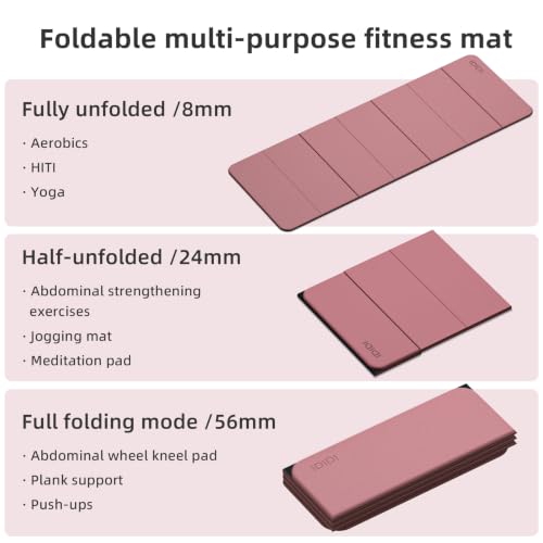 Foldable Yoga Mat Extra Thick 0.32"(8mm) | Folding Exercise Mat,Odorless POE, Non-Slip Grip, No-Curl Edges, Great for Yoga, Pilates & Home Workouts - color: Deep Pink