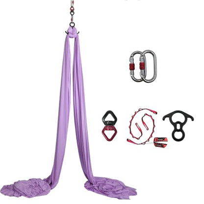 Durable Aerial Silks Starter Kit with 11-Yard Yoga Hammock & Hardware | Aerial Swing for Acrobatic Flying Yoga & All Levels, Aerial Rigging Point up to 14ft, Durable, Safe - color: Lavender