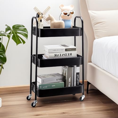 SETTFRFE 3-Tier Metal Rolling Storage Cart with Lockable Wheels,Black | Utility Cart for Kitchen Bathroom Dorm ,Movable Snack Cart & Art Cart for Esthetician Nail Lash Diaper,Tool-Free Assembly