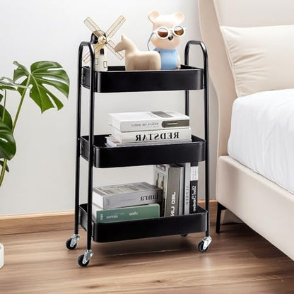 SETTFRFE 3-Tier Metal Rolling Storage Cart with Lockable Wheels,Black | Utility Cart for Kitchen Bathroom Dorm ,Movable Snack Cart & Art Cart for Esthetician Nail Lash Diaper,Tool-Free Assembly