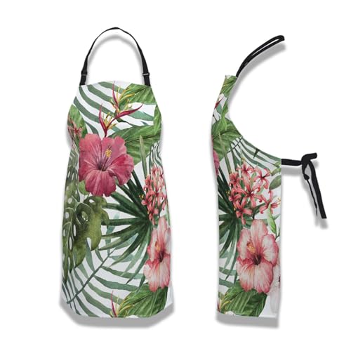 Cooking Apron for Men Watercolor Summer Tropical Flower Women Aprons for Kitchen Restaurant BBQ Painting Crafting Gardening 27” (W) x 31” (H), Waterproof Apron - color: Tropical Flower
