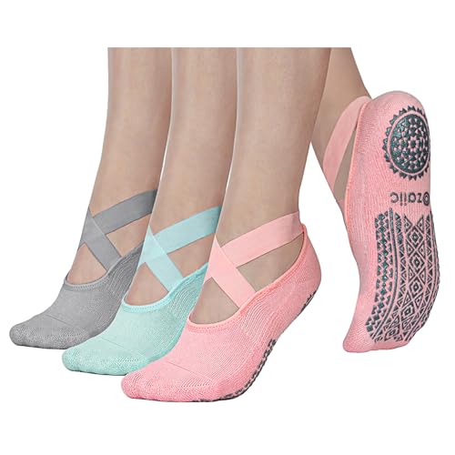 Ozaiic Pilates Socks for Women Non Slip Grip Yoga Barefoot Indoor Workout - color: Grey/Green/Pink