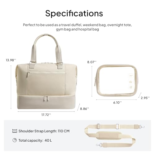 Travel Duffle Bag for Women, 40L Weekender Bags Airline Approved Carry On with Shoe Compartment & Waterproof Wet Pocket, Durable Nylon Weekender Overnight Bag for Travel, Gym, Business Trip, Beige - color: Beige