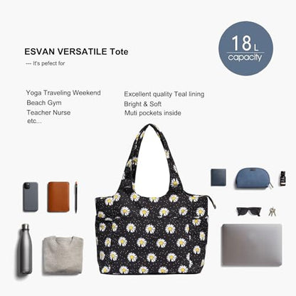 ESVAN Yoga Tote Bag Mat bag Women Shoulder Bags Carryall Tote for Travel Office Workout Gym Nurse Beach - color: Canvas Black Flower
