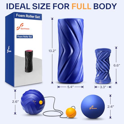 Sportneer 4 in 1 Pilates Foam Roller Muscle Relax Kit | with 2 Textured Foam Rollers Stringed Exercise Ball, Lacrosse Ball for Muscle Shoulder Back Leg Whole Body Relax Fitness Yoga - color: Blue