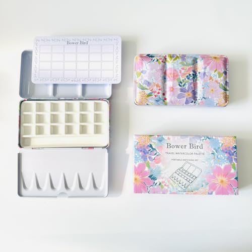 Bower Bird Travel Watercolor Palette,Portable Ceramic Palette,Empty Paint Palette,Small Travel Metal Paint Boxwith Porcelain Palette (18Well) - size: 18Well