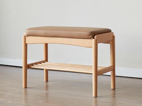 Oak Wood Shoe Bench, 24 Inch Entryway Bench with Brown Leather Cushion - color: Natural + Brown Leather Cushion, size: 23.62"