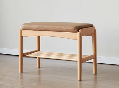 Oak Wood Shoe Bench, 24 Inch Entryway Bench with Brown Leather Cushion - color: Natural + Brown Leather Cushion, size: 23.62"