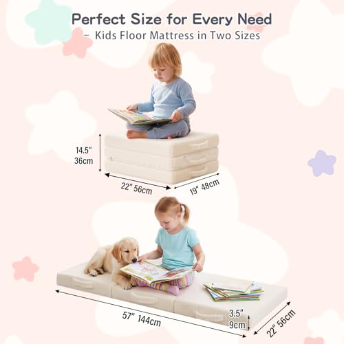 Tiita Kids Floor Mat- Kids Trifold Plush Futon Mat, Portable Foldable Play Mat for and Playtime, Plush Beige - color: Plush Beige, size: 57"L x 22"W x 3"Th