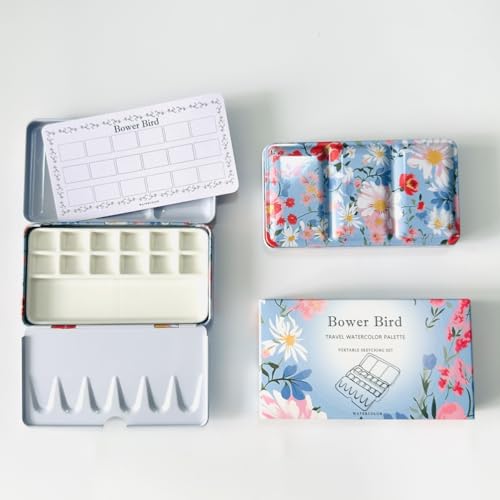 Bower Bird Travel Watercolor Palette,Portable Ceramic Palette 16 Well,Empty Paint Palette,Small Travel Metal Paint Boxwith Porcelain Palette (12Well) - size: 12 Wells