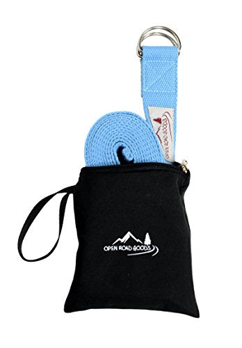 Open Road Goods 8ft Extra Long 100% Cotton Yoga Strap with Bag: Pastel Multicolor, Blue, or Black - Yoga Stretching Prop with Metal D Ring - Good Yoga Gift - color: Sky Blue
