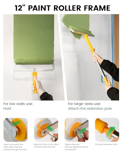 Voomey 12-Inch Paint Roller Kit with Extension Pole, 12” Paint Tray with Liners, Heavy Duty Roller Frame & Long Paint Rollers, Ideal for Walls, Interior & Exterior Painting - size: 12inch15pcs