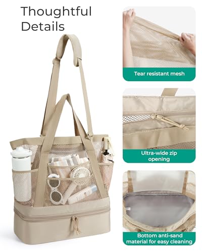 BAGSMART Beach Bag for Women, Mesh Tote Bags with Zipper, Sandproof Vacation Essentials with Cooler for Swim Cruise Pool - color: Purple