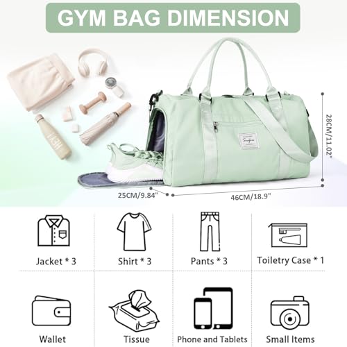Gym Bag Womens with Shoes Compartment Travel Duffel Bag Mint Green - color: B16-Mint Green+Toiletry Bag