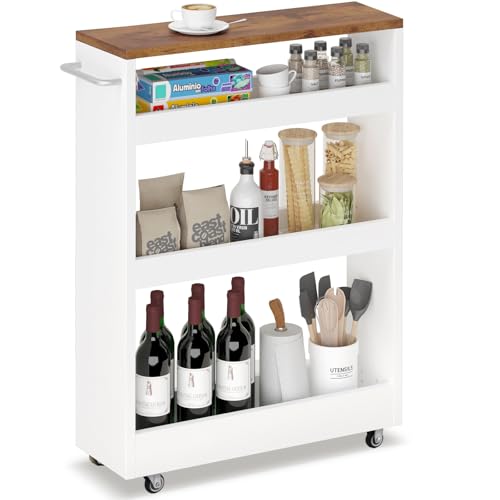 TEAMIX Wood 4-Tier Slim Rolling Storage Cart, 7.9"W, 24.8"D, 36.7"H, White - color: White
