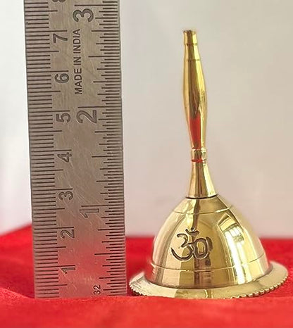 Indian Consigners Hand Bell Loud Brass Call Bells 3 Inches Altar Pendulam Use (Om Gold) - color: Om Gold