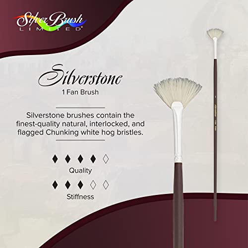 Silver Brush 1104-1 Silverstone Excellent Long Handle Hog Bristle Brush, Fan, Size 1 | Stiff Flagged Hog Bristle, Superb Paint Absorbency, Lightly Textured Strokes, Smoothing, Blending, Lifting, Softening Colors - size: Size 1