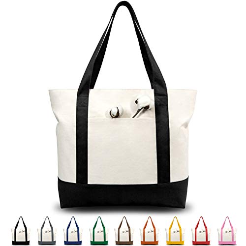 TOPDesign 1 | 3 | 6 | 30 Pack Canvas Tote Bag with an External Pocket, Reusable Grocery Shopping Bag, Top Zipper Closure, Daily Essentials (Black/Natural Pack of 1) - color: Black/Natural