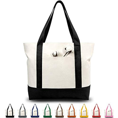 TOPDesign 1 | 3 | 6 | 30 Pack Canvas Tote Bag with an External Pocket, Reusable Grocery Shopping Bag, Top Zipper Closure, Daily Essentials (Black/Natural Pack of 1) - color: Black/Natural