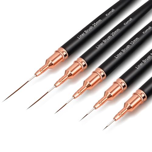 Komall Metallic Nail Art Brushes, 5Pcs Liner Brushes for Nails, Black | For Long Lines, Thin Details, Fine Drawing, Liner Brush UV Gel Polish Painting Nail Design Pen Sizes 4/8/12/20/25mm - color: Black