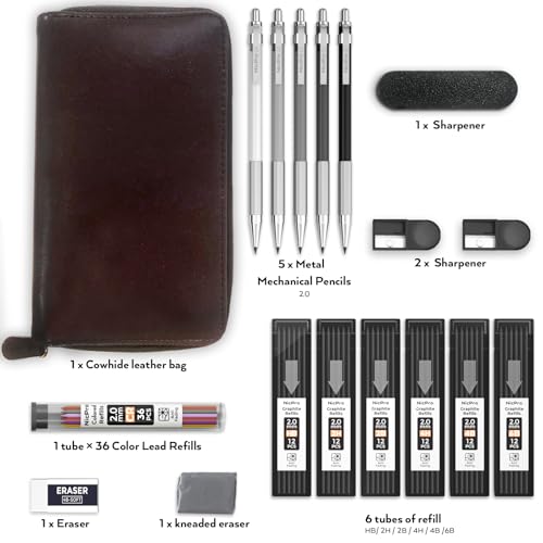 Nicpro 17PCS Metal 2mm Mechanical Pencil Set in Leather Case, 5 PCS 2.0 mm Lead Pencil Holders (4B 2B HB 2H 4H) 6 Tube Black Colored Lead Refills, Erasers, Sharpener For Art Drafting Sketching Drawing | Mechanical Pencil Pack, 5 PCS Lead Pencils, 6 Tubes