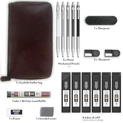 Nicpro 17PCS Metal 2mm Mechanical Pencil Set in Leather Case, 5 PCS 2.0 mm Lead Pencil Holders (4B 2B HB 2H 4H) 6 Tube Black Colored Lead Refills, Erasers, Sharpener For Art Drafting Sketching Drawing | Mechanical Pencil Pack, 5 PCS Lead Pencils, 6 Tubes