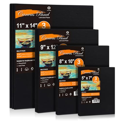 Conda Black Canvas Panels Multi Size Pack - Acid-Free Primed Surface for Oil Acrylic Watercolor Painting (11x14 9x12 8x10 5x7, 12-Pack) - size: Multi-Size
