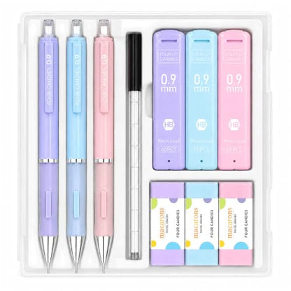 Four Candies 0.9mm Pastel Mechanical Pencil Set with Case, 3-Pack | 360 Leads, 3 Erasers+9 Refills, Cute Pink/Purple/Blue Barrels, Non-Slip Grip, Bold Lines for Notes, Sketching & Marking - style: 0.9mm