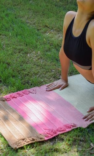 Indian Handmade100 % Organic Anti Skid Multi Colour Cotton Yoga Mat - Eco-Friendly Hand-Woven Rug - Non-Slip & Thick (24”x72”x5mm) for Hot yoga & Everyday Fitness at Home - Comfortable & Foldable Extra-Long Mat - color: Multi 12