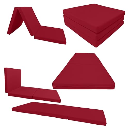 D&D Futon Furniture Trifold Foam Beds, Floor Tri-Fold Bed, Foldable Shikibuton Mattress Cushion Topper Mat for Space Saving Sleepover 3x27x75 in, Red