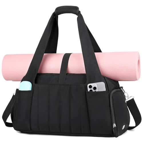 Marvolia Gym Bag for Women with Yoga Mat Holder, Black | Sports Duffle Bag for Travel with Shoes Compartment, Tote Bag with Wet Pocket for Yoga Workout, Dance - color: Black