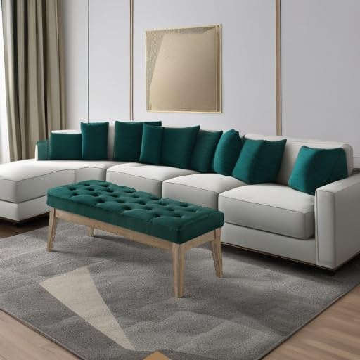 24KF Velvet Upholstered Buttons Tufted Entryway Bench with Solid Wood Leg,Bed Bench Ottoman with Padded Seat,5034-Jade - color: Jade Velvet, size: Tufted Bench with Solid Wooden Base