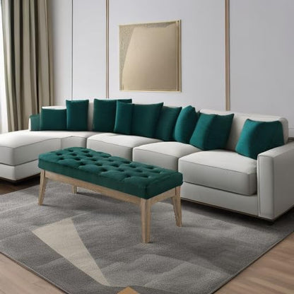 24KF Velvet Upholstered Buttons Tufted Entryway Bench with Solid Wood Leg,Bed Bench Ottoman with Padded Seat,5034-Jade - color: Jade Velvet, size: Tufted Bench with Solid Wooden Base