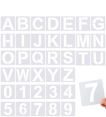 FEBSNOW 36 Pcs 6 Inches Large Alphabet Letter and Number Stencils | ﻿ Reusable PET Plastic, Painting on Wood Wall Fabric Rock Chalkboard Glass, Creating Sign Craft Board, 36 Pcs 6x6 Inches - size: 6 inches