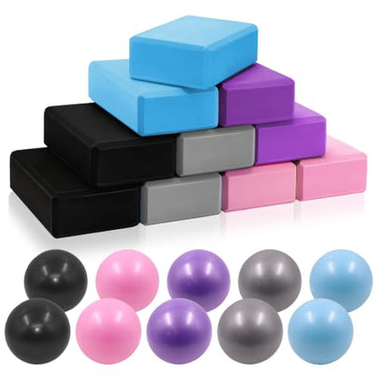 20 Pack Yoga Blocks and Pilates Ball Set, 10 Pack Non-Slip Foam Bricks (9x6x3) with 10 Pack 9 Inch Anti-Burst Mini Exercise Balls for Yoga, Stretching, Barre, Home Gym & Studio