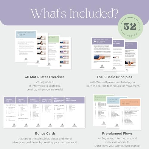 52 Premium Pilates Cards - 40 Pilates exercises- Ideal for Beginners or Students- Led by Stott Pilates Certified Instructor- Detailed photos- Video Instructions - Do Pilates at Home- No equipment needed.