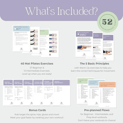 52 Premium Pilates Cards - 40 Pilates exercises- Ideal for Beginners or Students- Led by Stott Pilates Certified Instructor- Detailed photos- Video Instructions - Do Pilates at Home- No equipment needed.