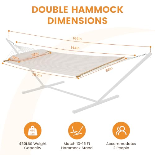 Lazy Daze 12FT Double Quilted Hammock with Spreader Bar for Outside Natural | 2 Person Heavy Duty Hammock with Detachable Pillow and Carabiners for Outdoor Backyard Poolside, 450lbs Weight Capacity - color: Natural