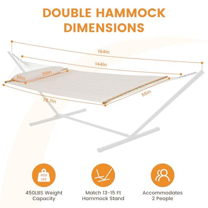 Lazy Daze 12FT Double Quilted Hammock with Spreader Bar for Outside Natural | 2 Person Heavy Duty Hammock with Detachable Pillow and Carabiners for Outdoor Backyard Poolside, 450lbs Weight Capacity - color: Natural