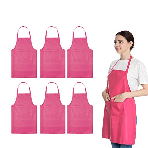 Pink 6PCS Apron for Women Adult Unisex Durable with 2 Front Pockets Washable Chef Cooking Baking Kitchen Restaurant Crafting Painting Aprons - color: Hot Pink